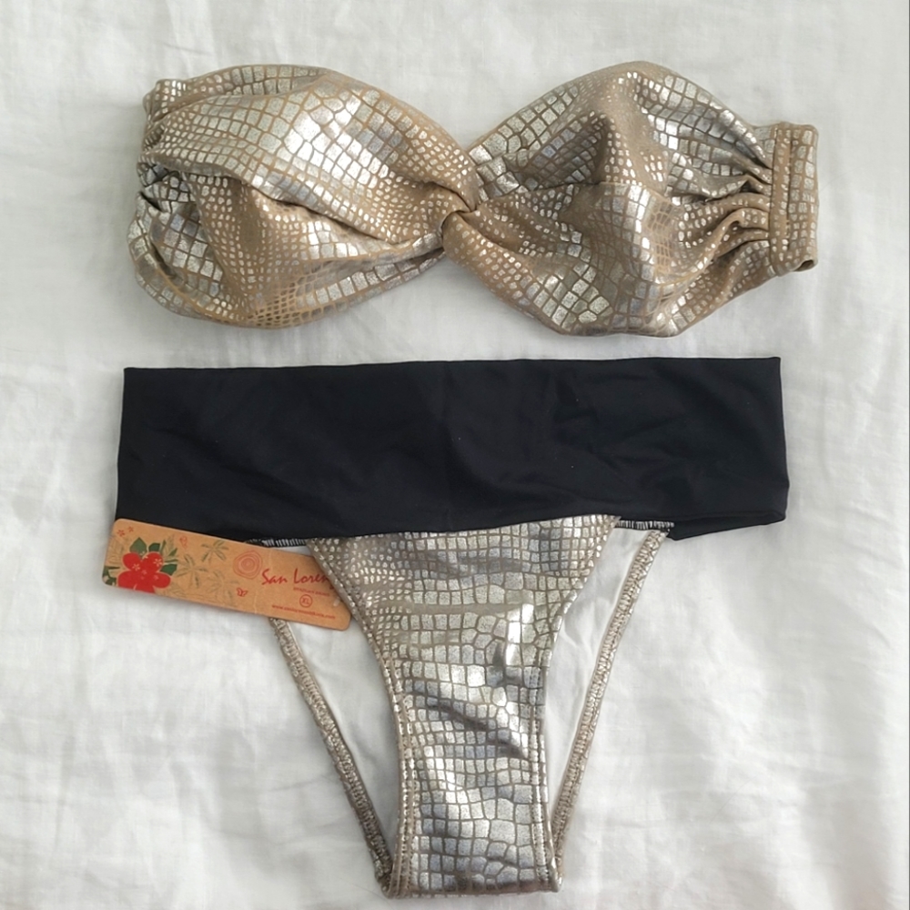 San Lorenzo Silver Snakeskin Print Bandeau Bikini Set Size XL